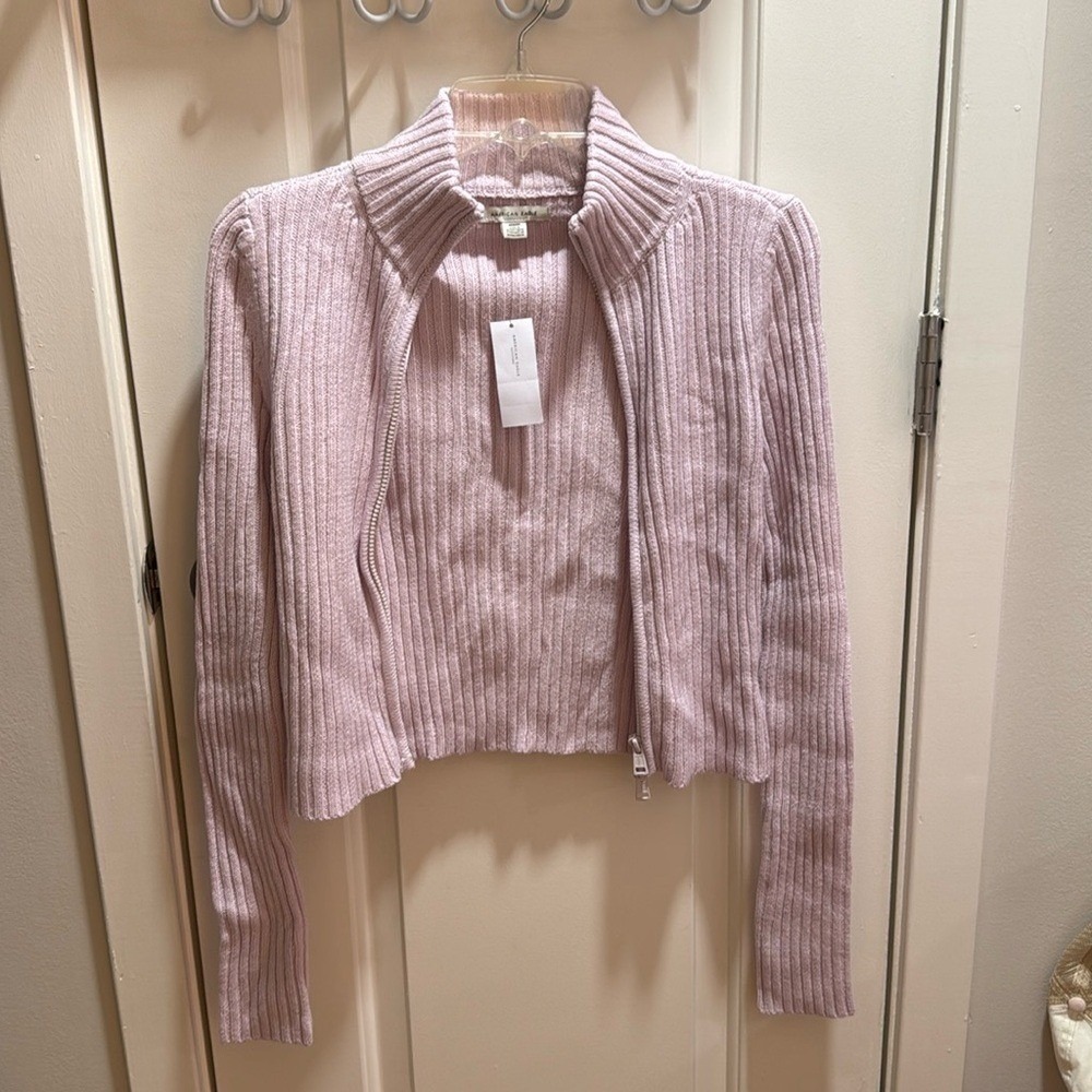 American Eagle Pink Ribbed Full Zip Cardigan Sweater Mock Neck NWT Womens Medium